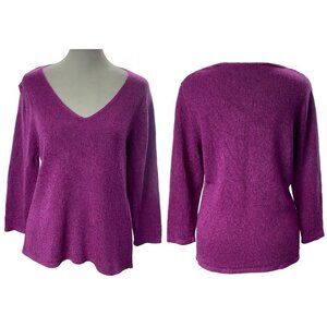 EILEEN FISHER Women Silk Blend Pullover Sweater Sz L Fuchsia 3/4 Sleeves V Neck